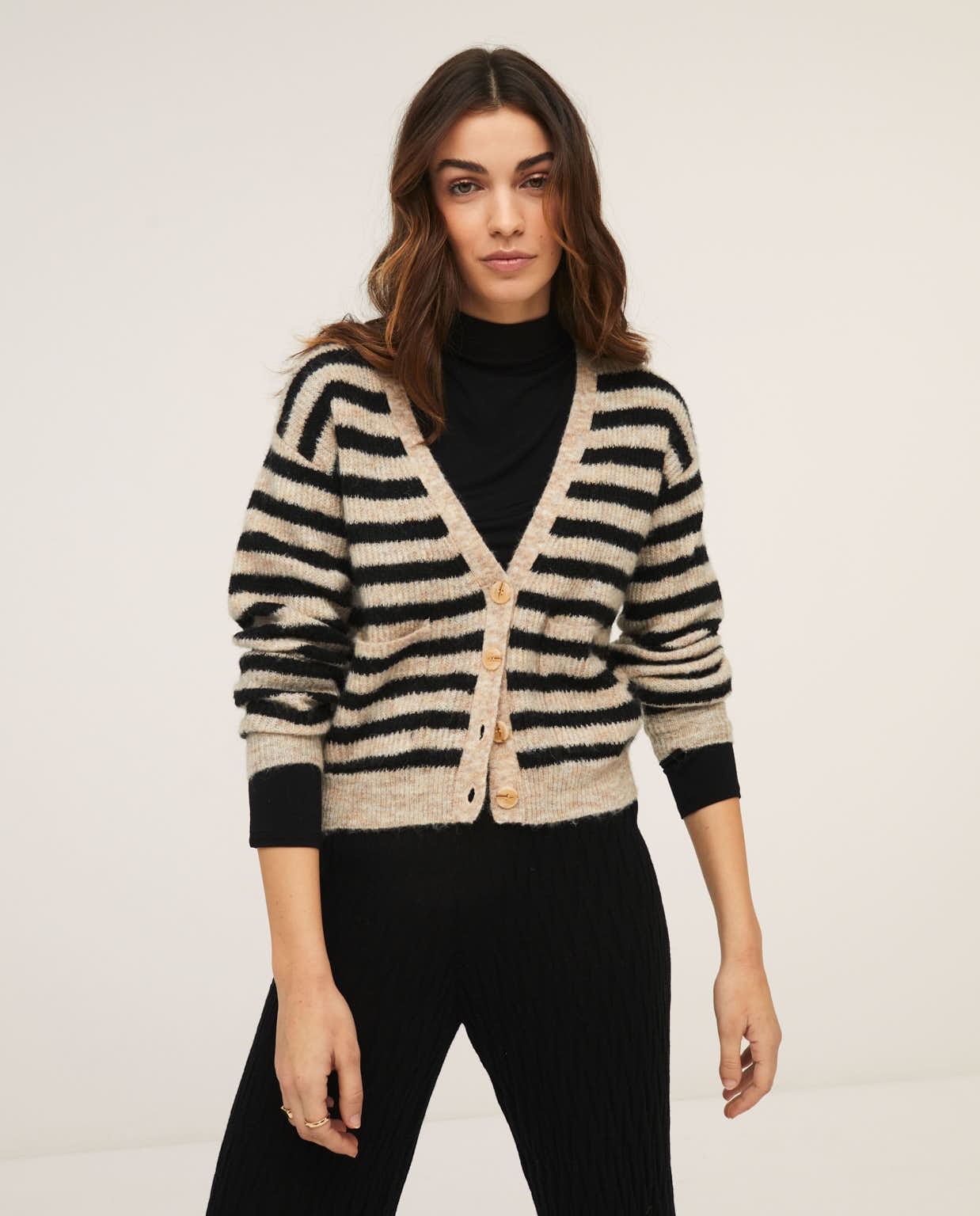 Striped knitted cardigan with V-neckline Stone