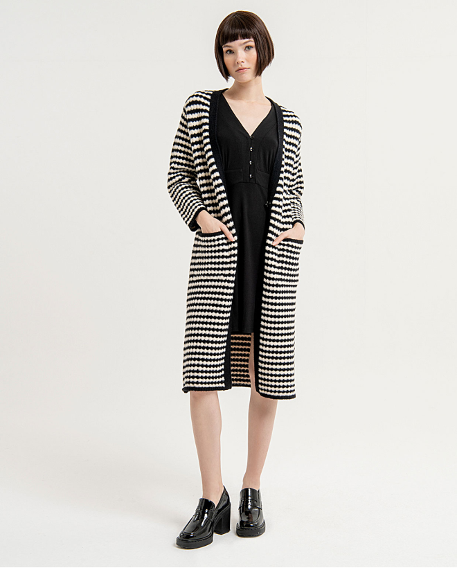 Striped printed open knitted cardigan Ecru