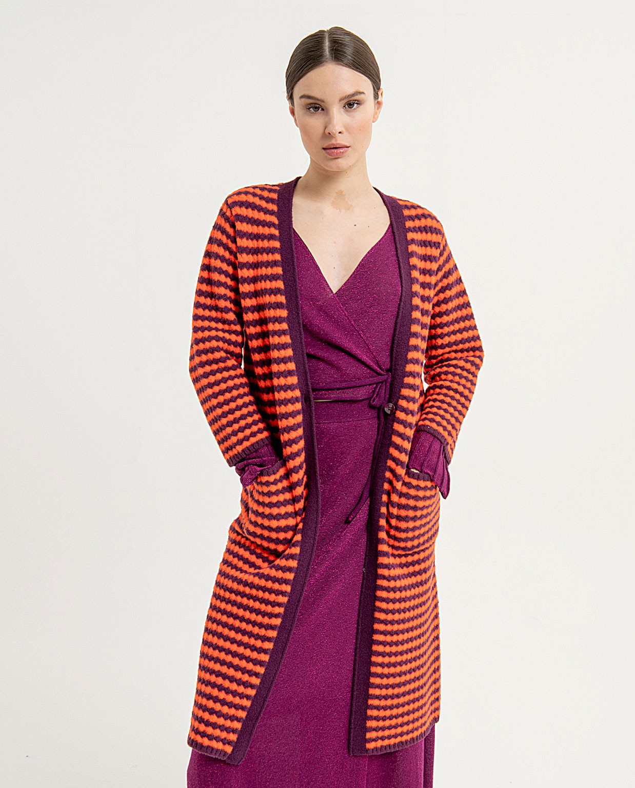 Cardigan ouvert en tricot imprimé rayé Orange