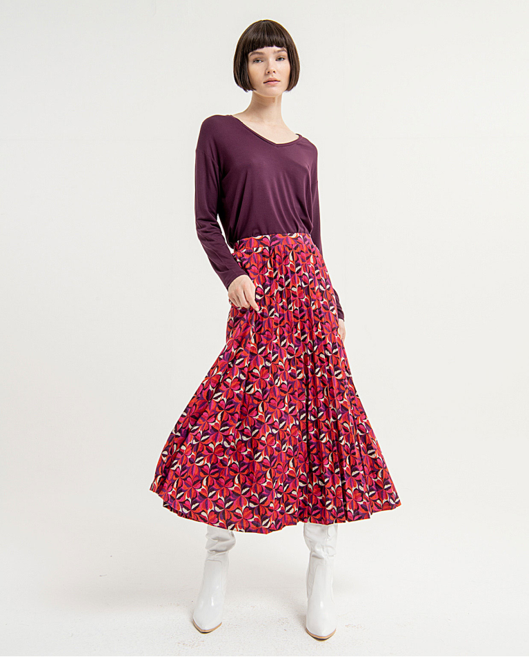 Printed pleated midi skirt Red