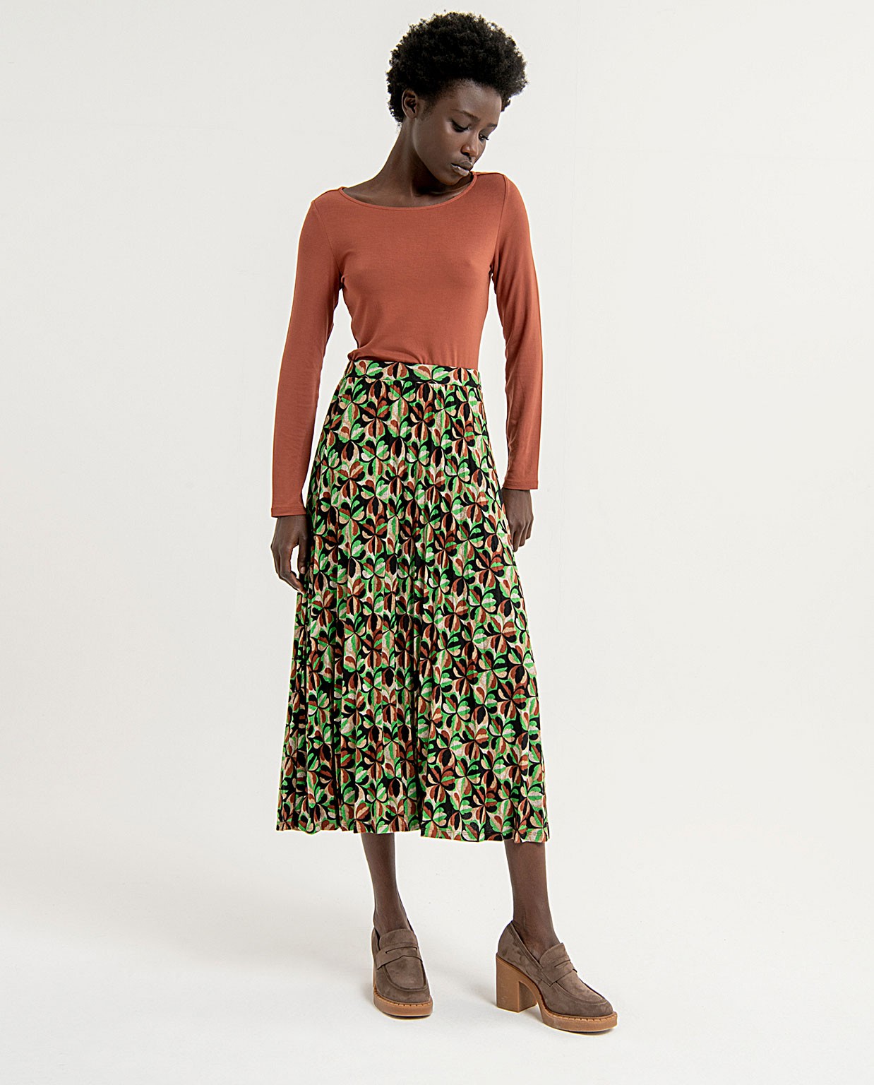 Printed pleated midi skirt Green