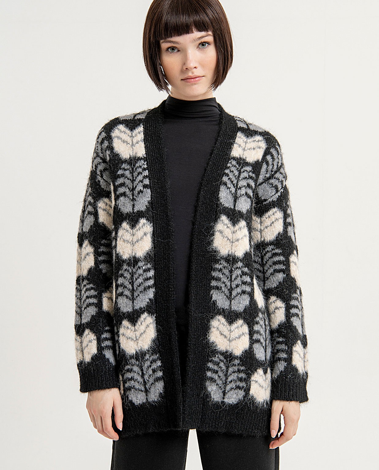 Cardigan ouvert en jacquard imprimé Noir