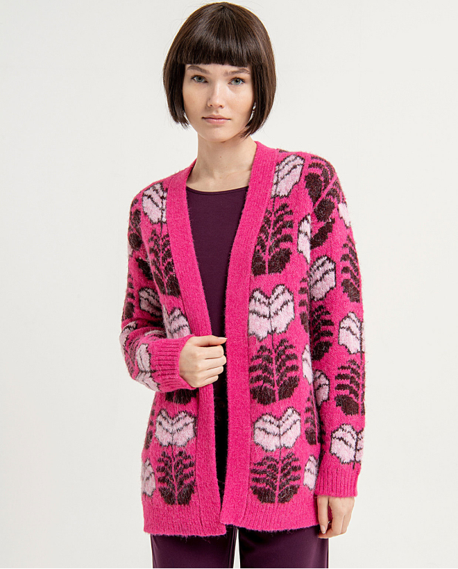 Cardigan ouvert en jacquard imprimé Fushia