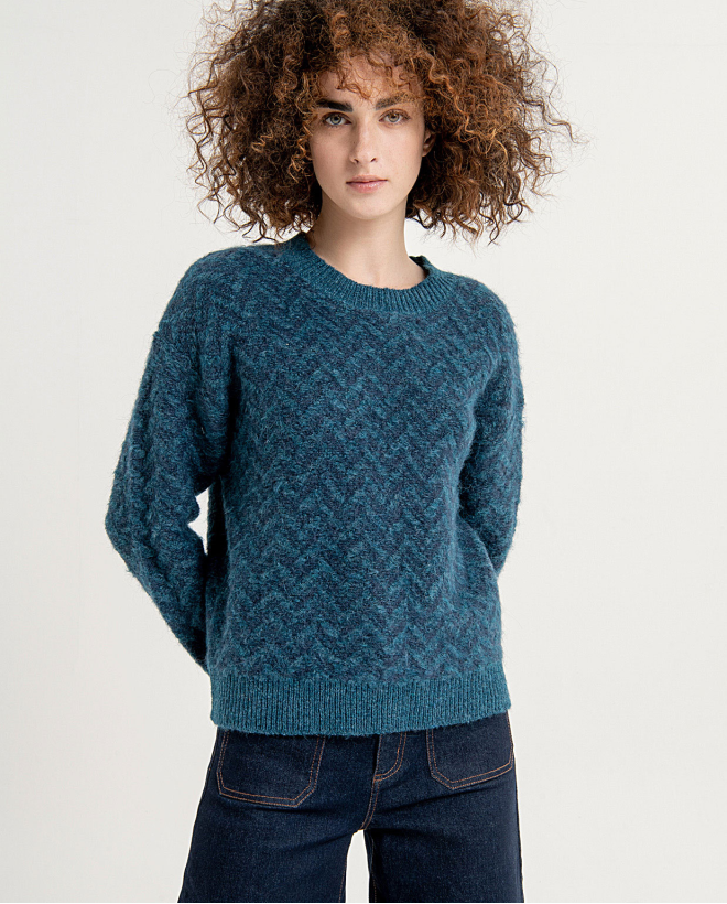 Pull à col rond en jacquard à chevrons Bleu