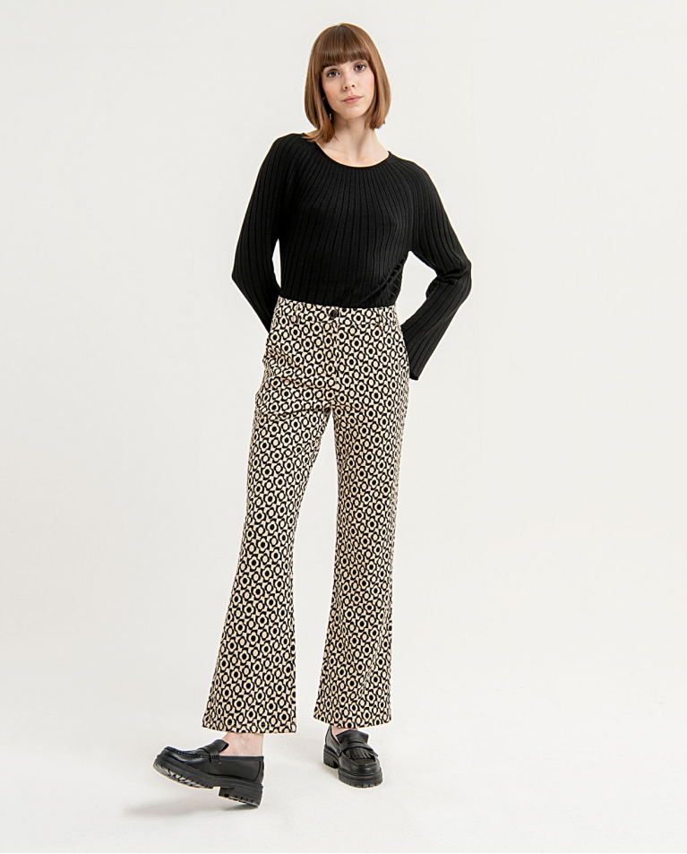 Pantalon long évasé extensible et imprimé Noir