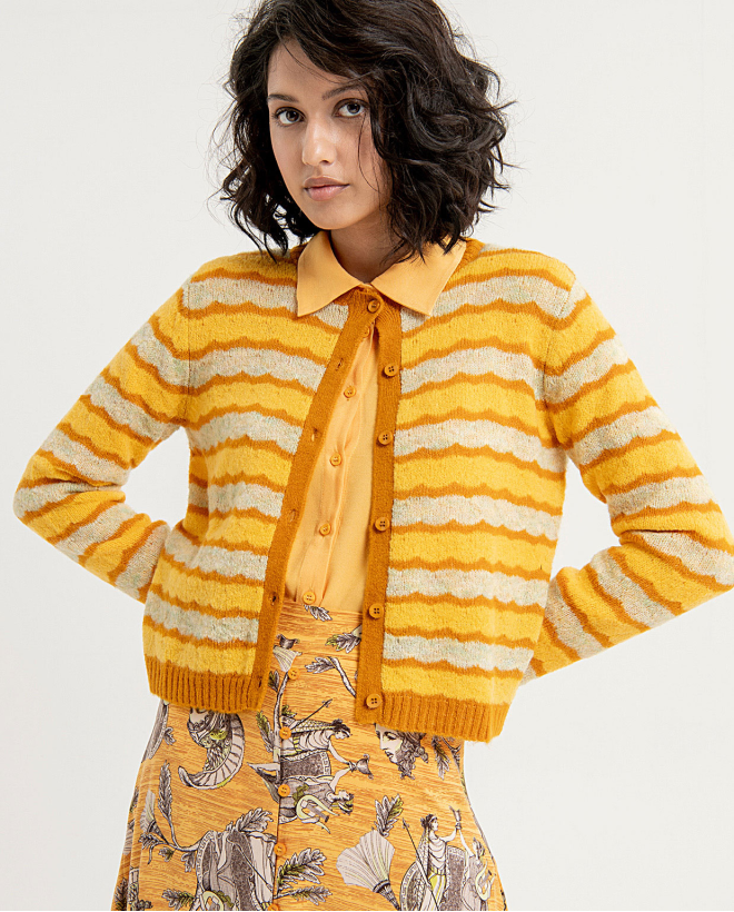 Cardigan en maille avec col rond rayé Jaune