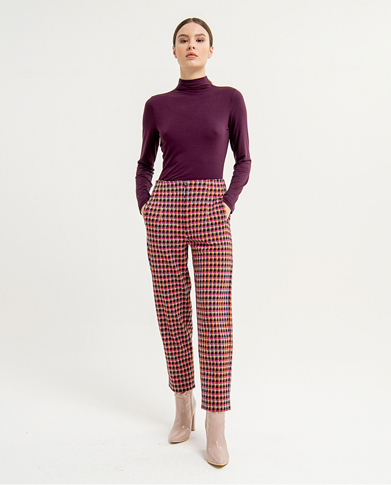 Pantalon extensible et imprimé avec pinces aux che Marron