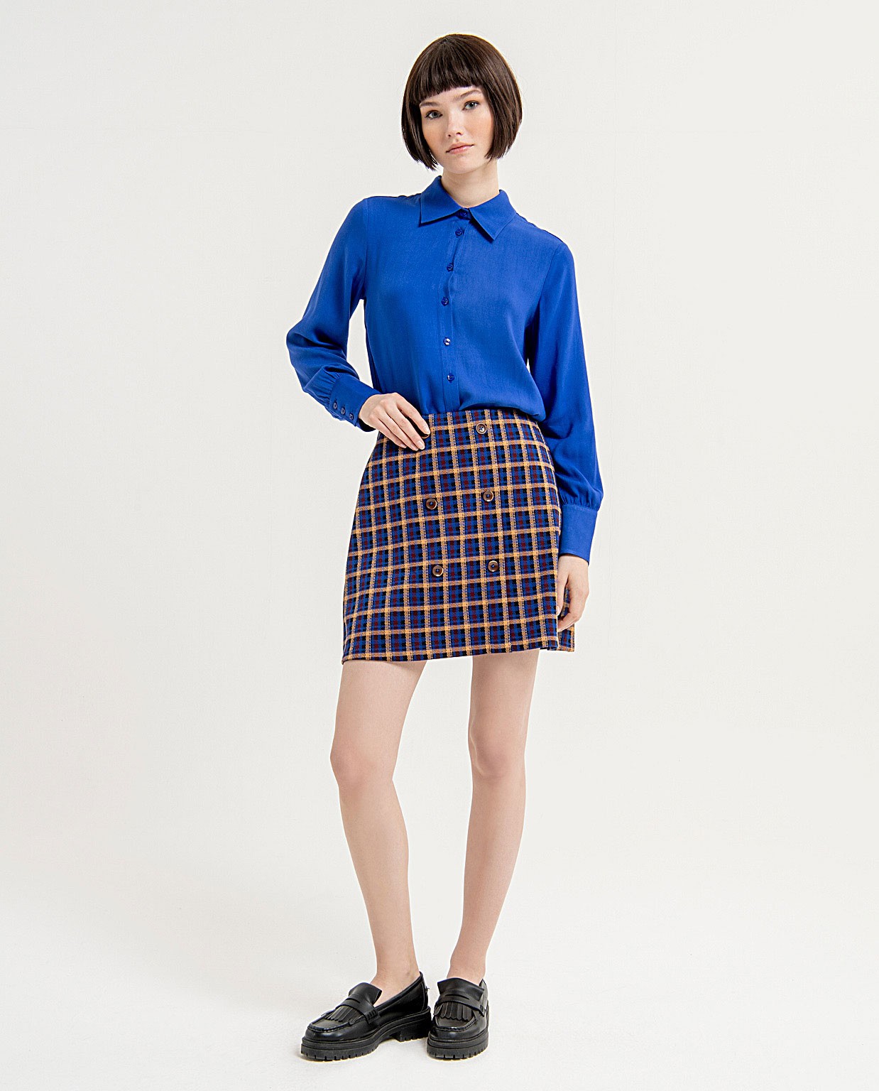 Printed double-breasted mini skirt with double but Blue