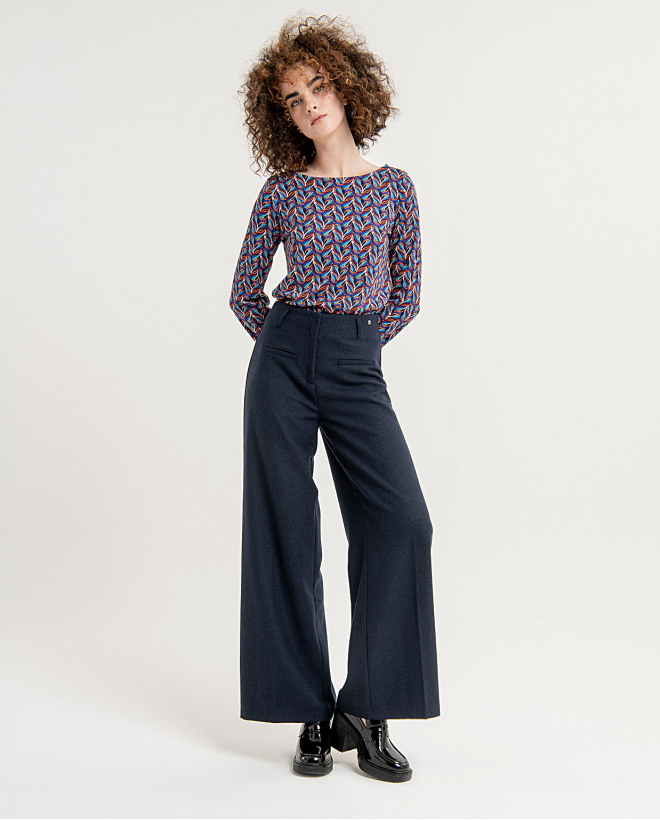 Pantalon long uni à jambe large Bleu foncé