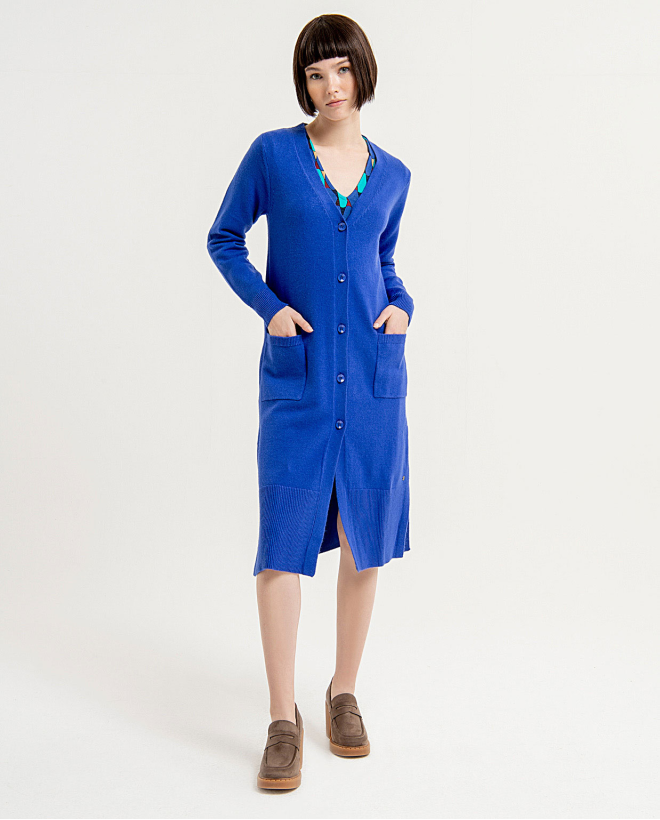 Cardigan midi avec poches unies Bleu cobalt