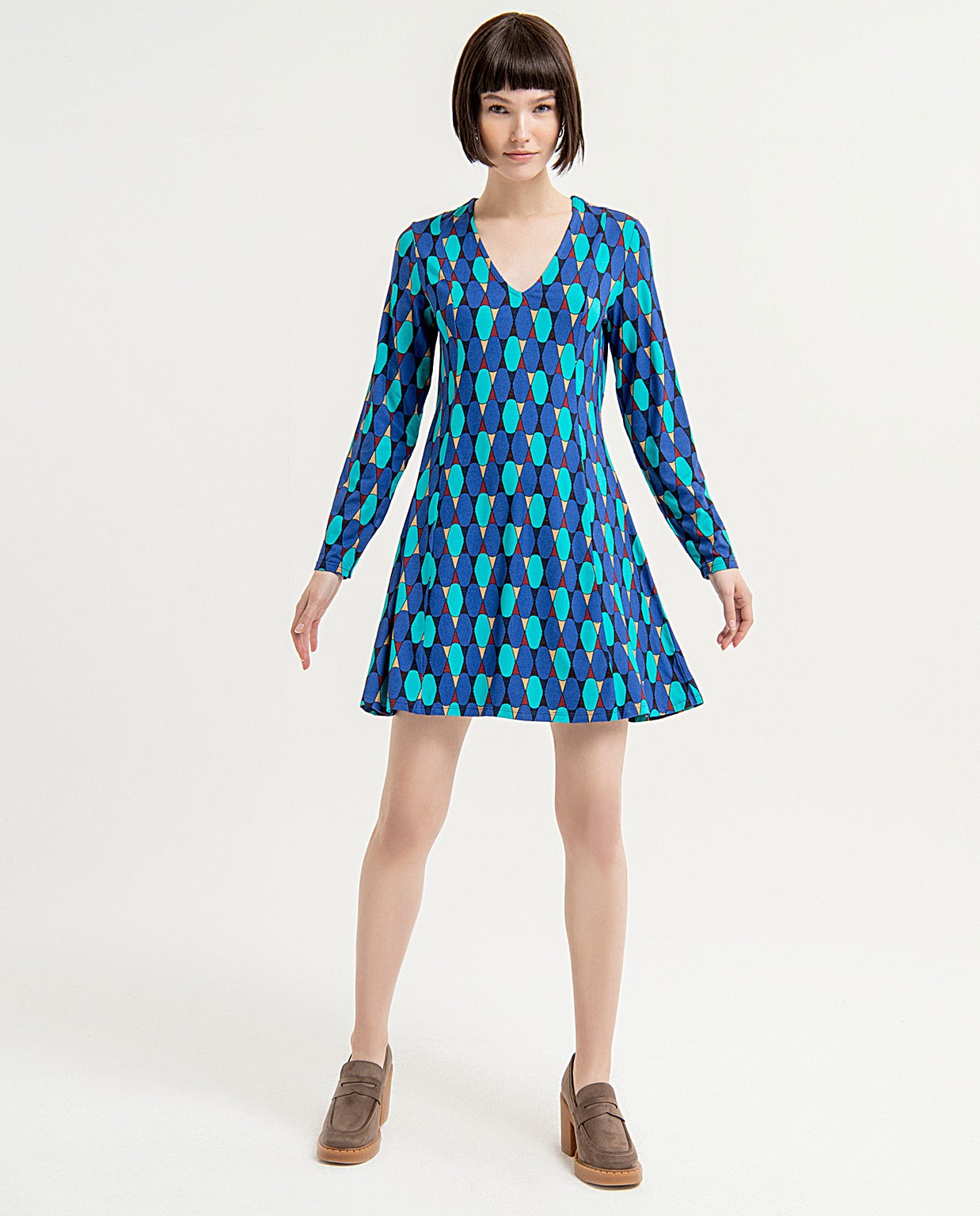 Robe courte imprimée à col V flottant Bleu