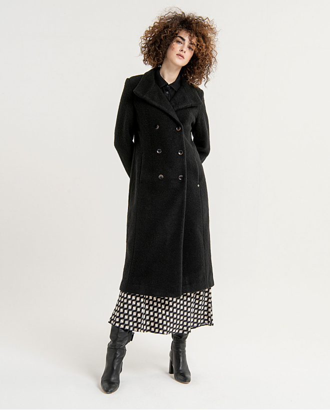 Manteau long avec boutons et ceinture unie Noir