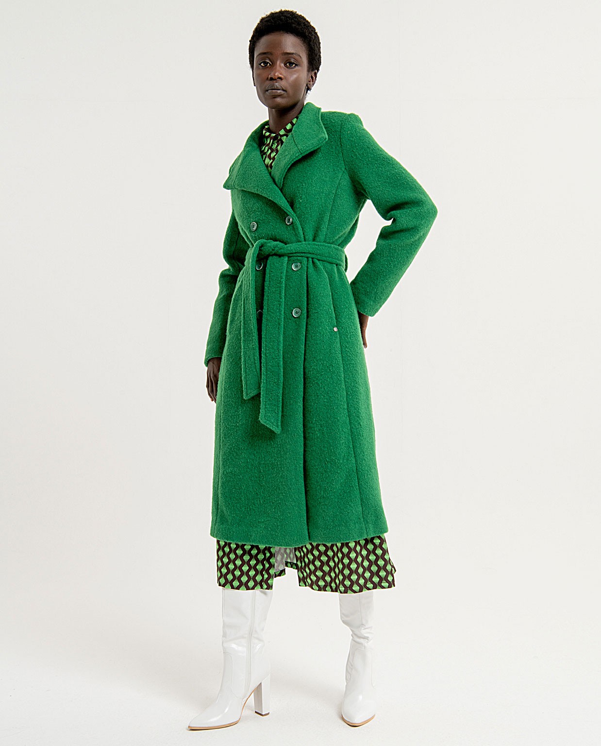 Manteau long avec boutons et ceinture unie Vert