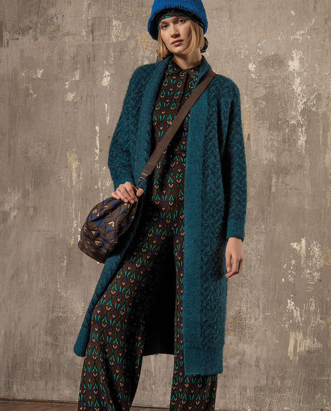 Cardigan midi ouvert en jacquard à chevrons Bleu