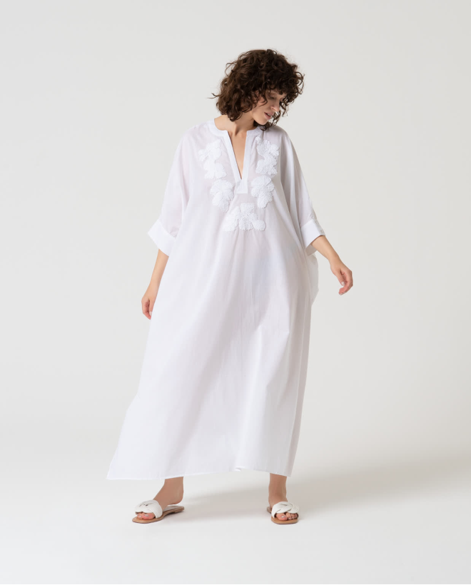 Caftan long fermé uni en coton Blanc