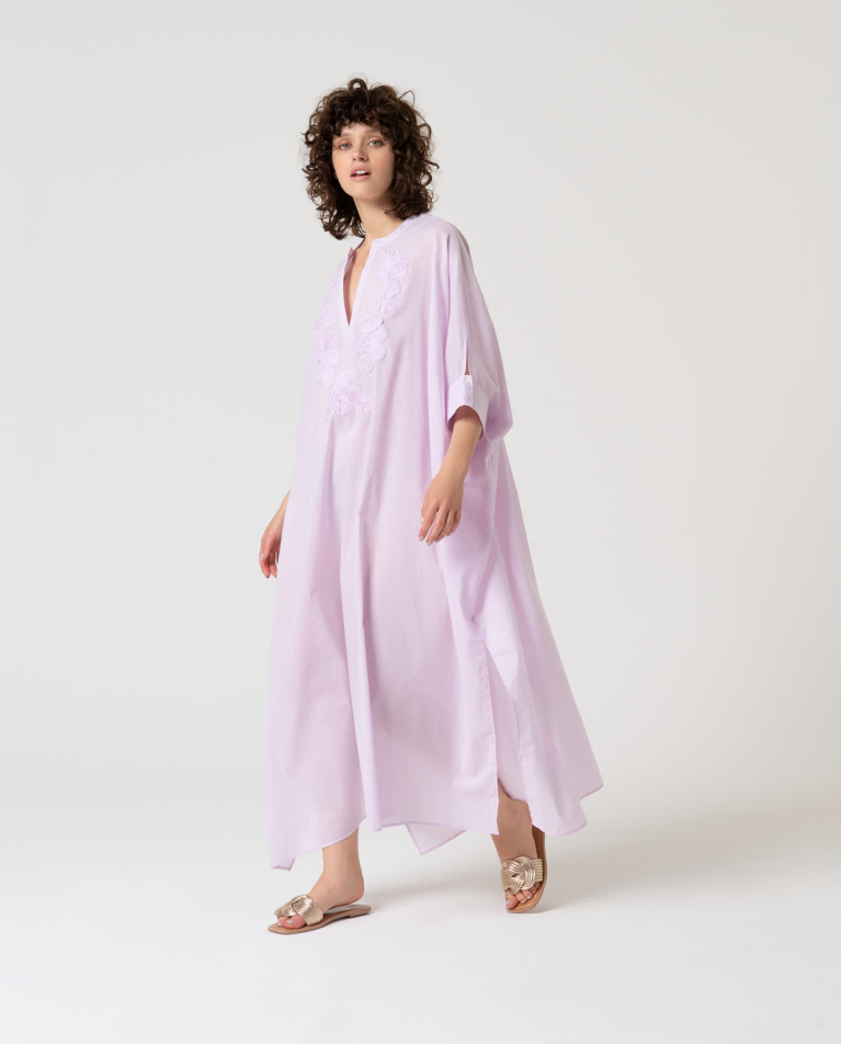 Caftan long fermé uni en coton Lila