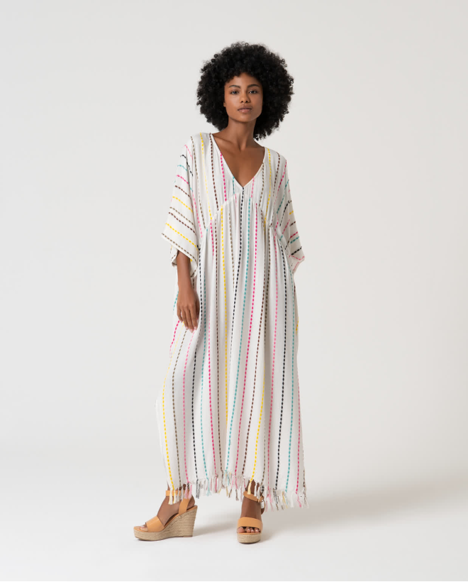 Caftan long fermé à imprimé Blanc