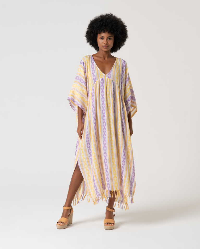 Caftan long fermé à imprimé Jaune