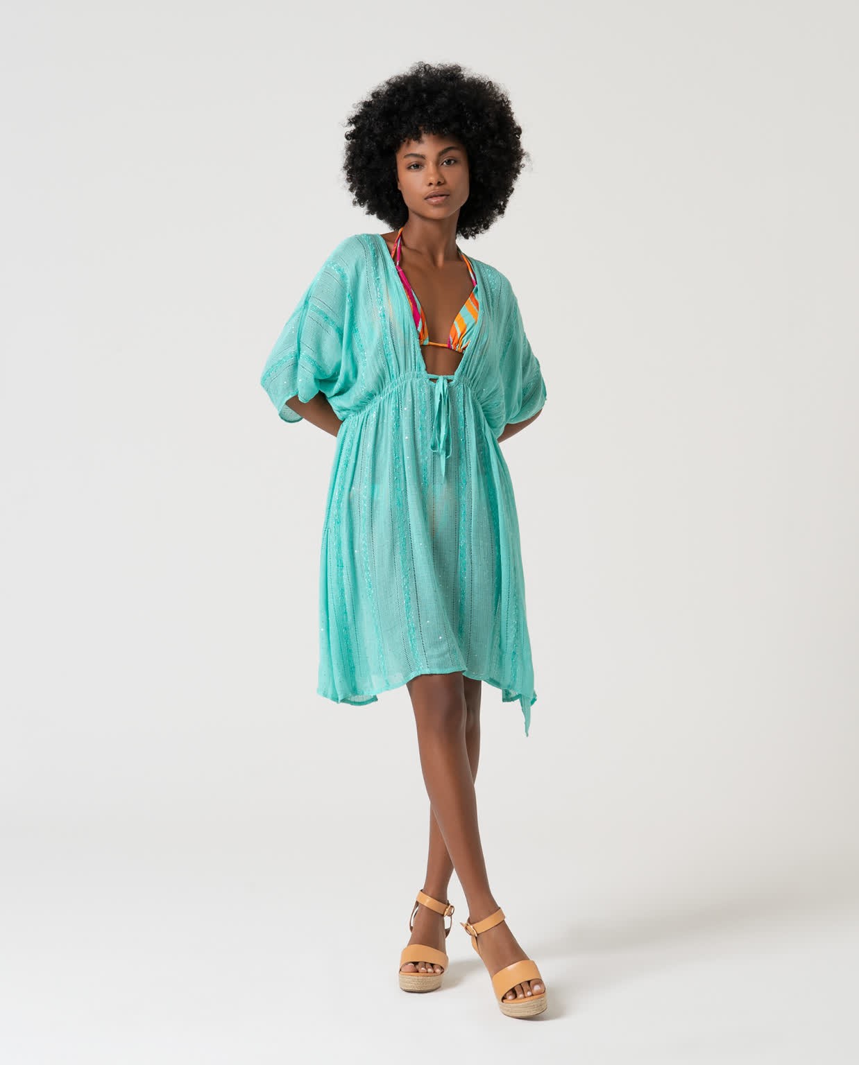 Caftan court uni à paillettes Turquoise