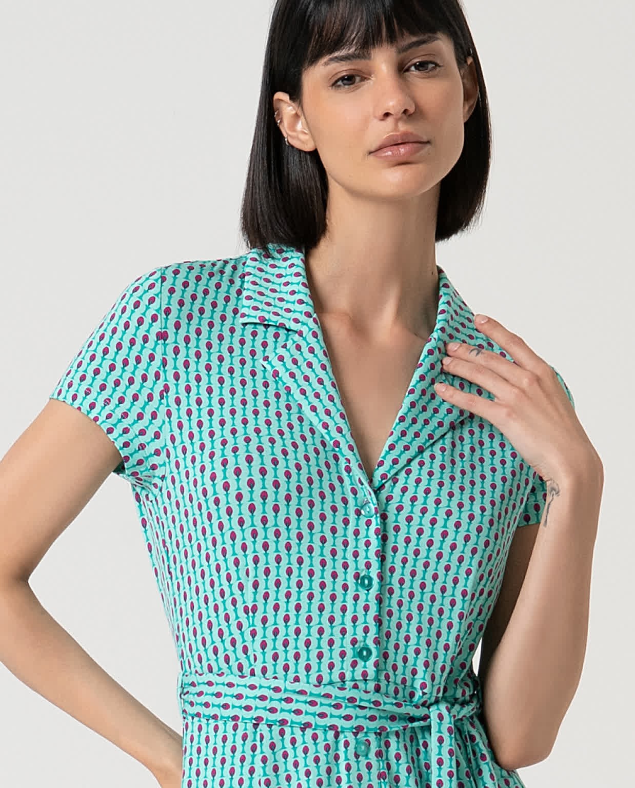 Robe chemise élastique à imprimé Vert d'eau