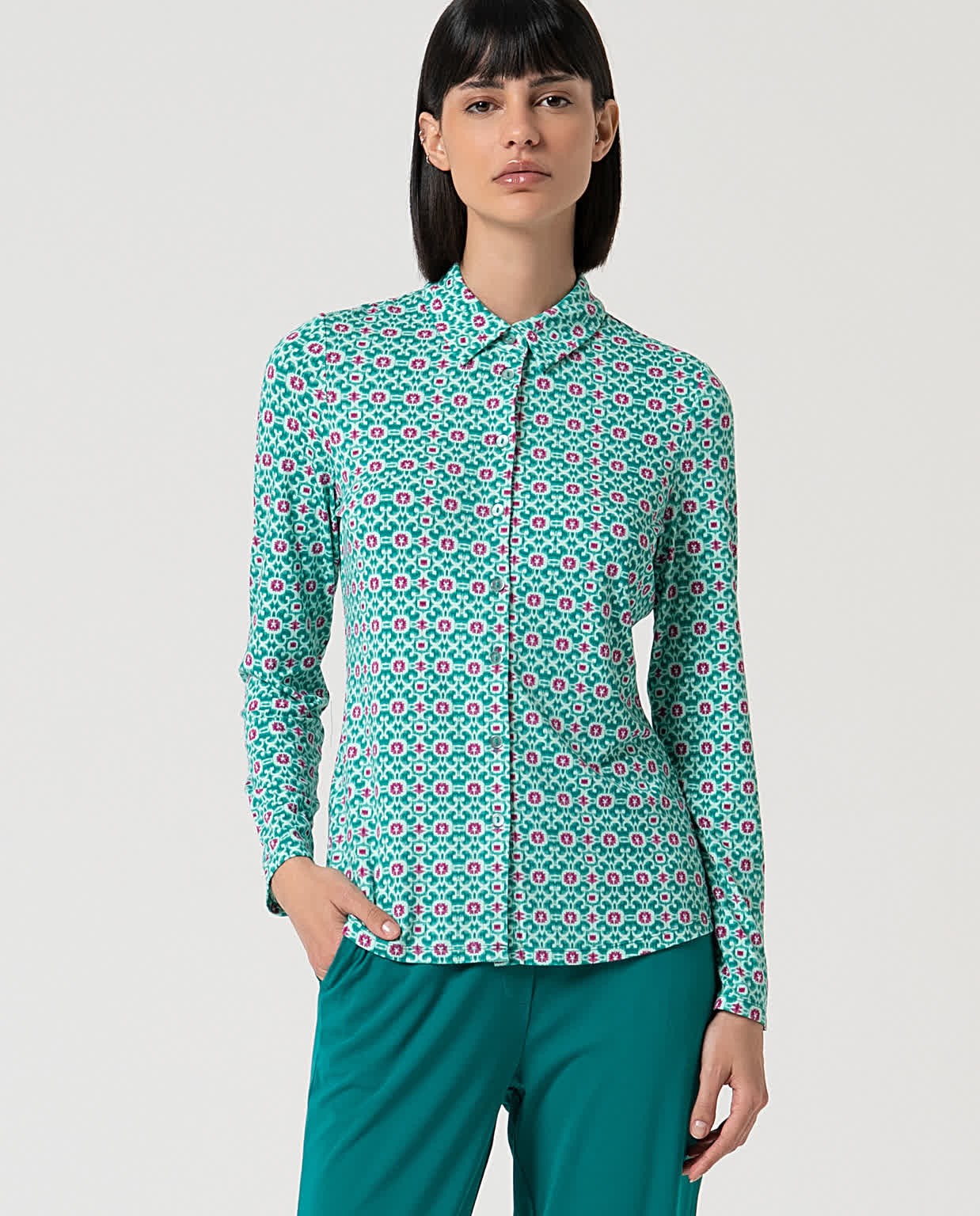 Chemise élastique à manches longues et imprimé Turquoise