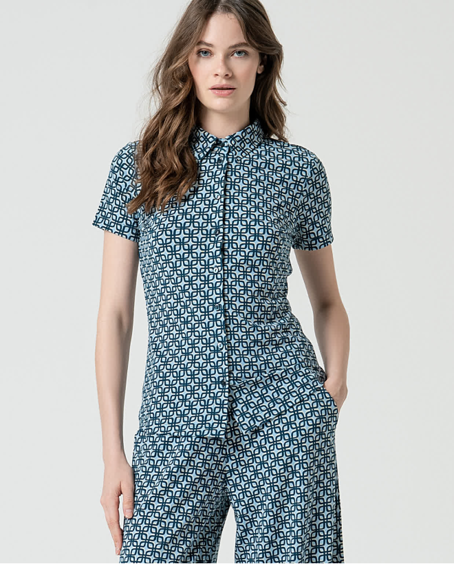 Printed short-sleeved stretch shirt Blue