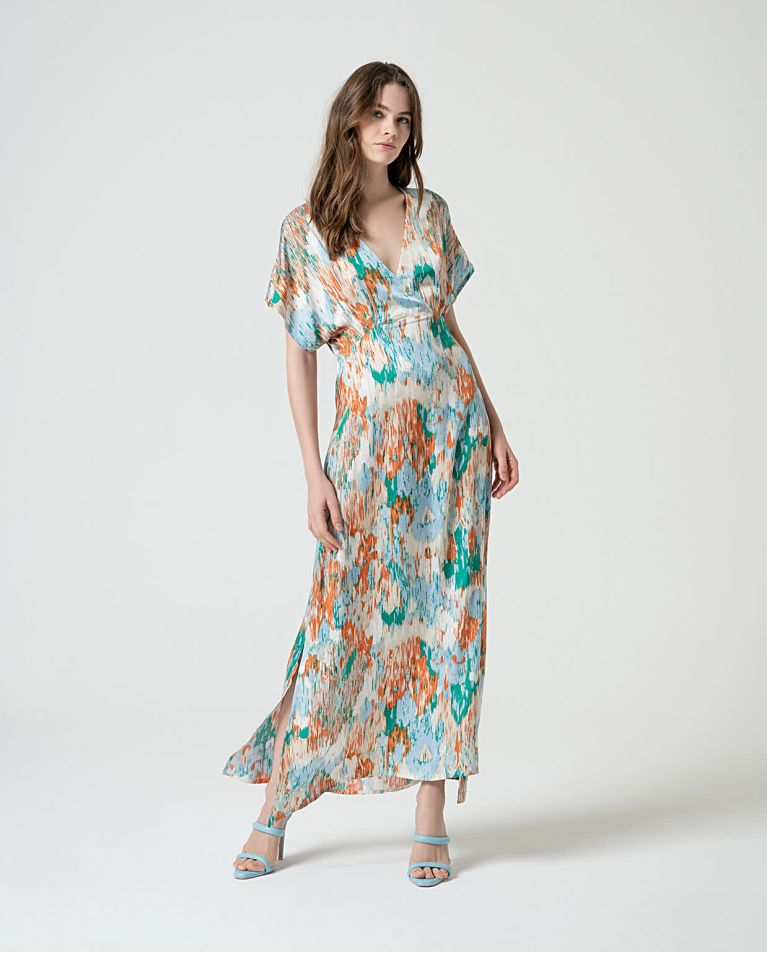 Robe longue satinée à imprimé Bleu