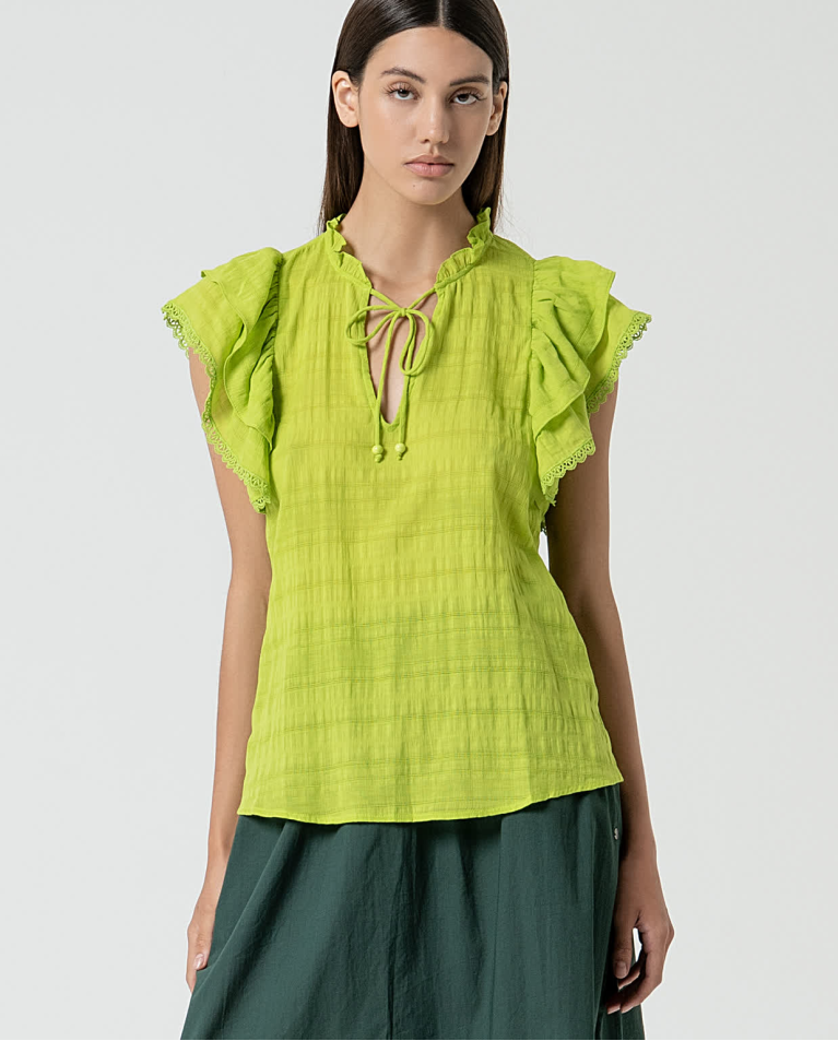 Blouse romantique unie à volants Vert acide