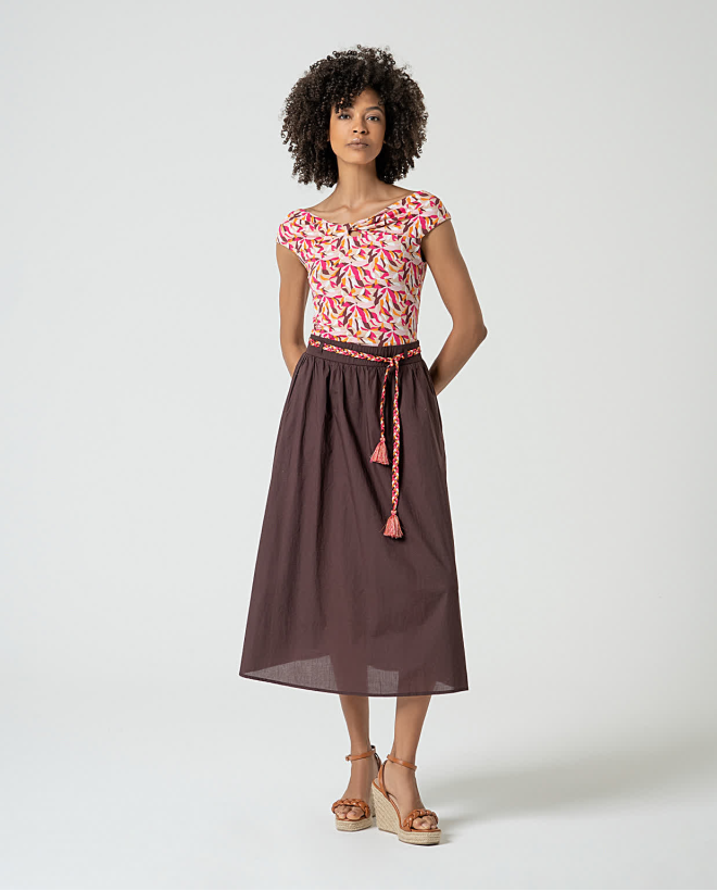 Jupe midi avec ceinture en coton Marron