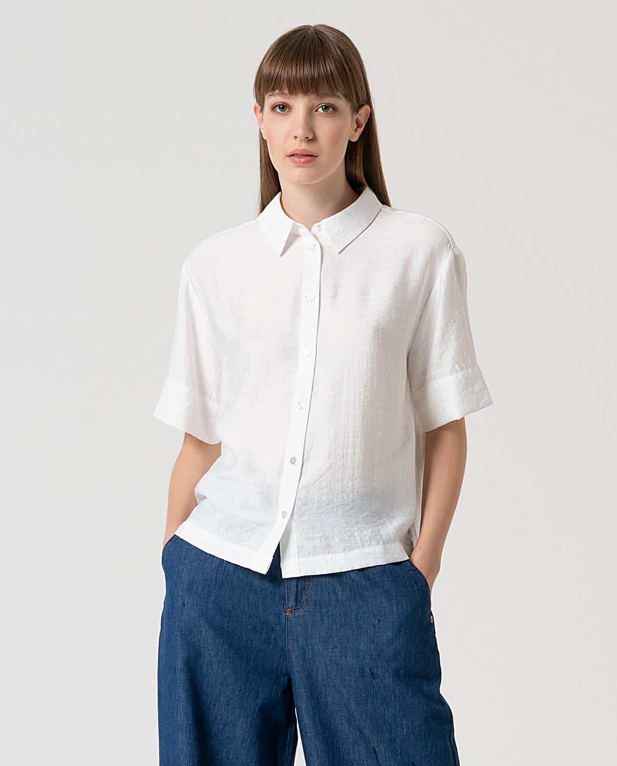 Chemise courte satinée unie Blanc