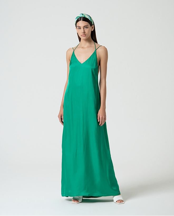 Robe longue unie satinée et fluide Vert billard