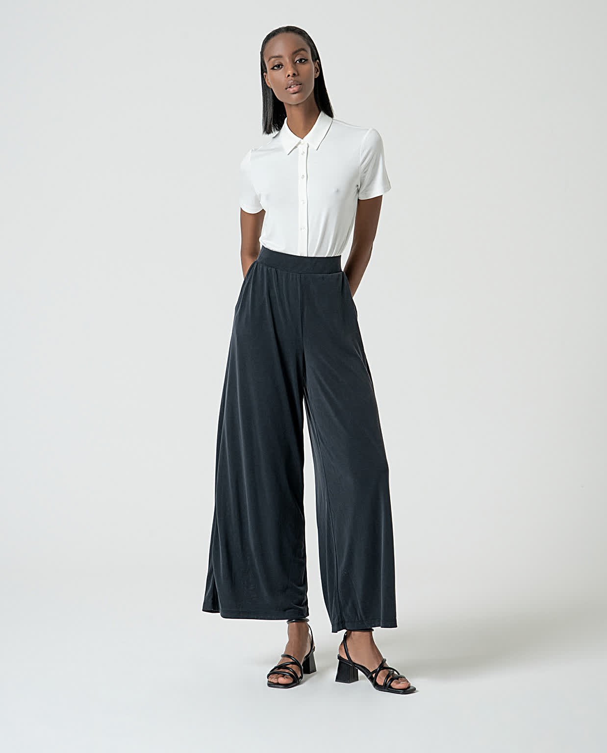 Pantalon long wide leg élastique Noir