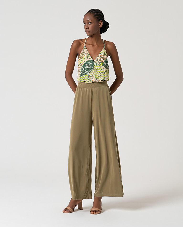 Pantalon long wide leg élastique Khaki