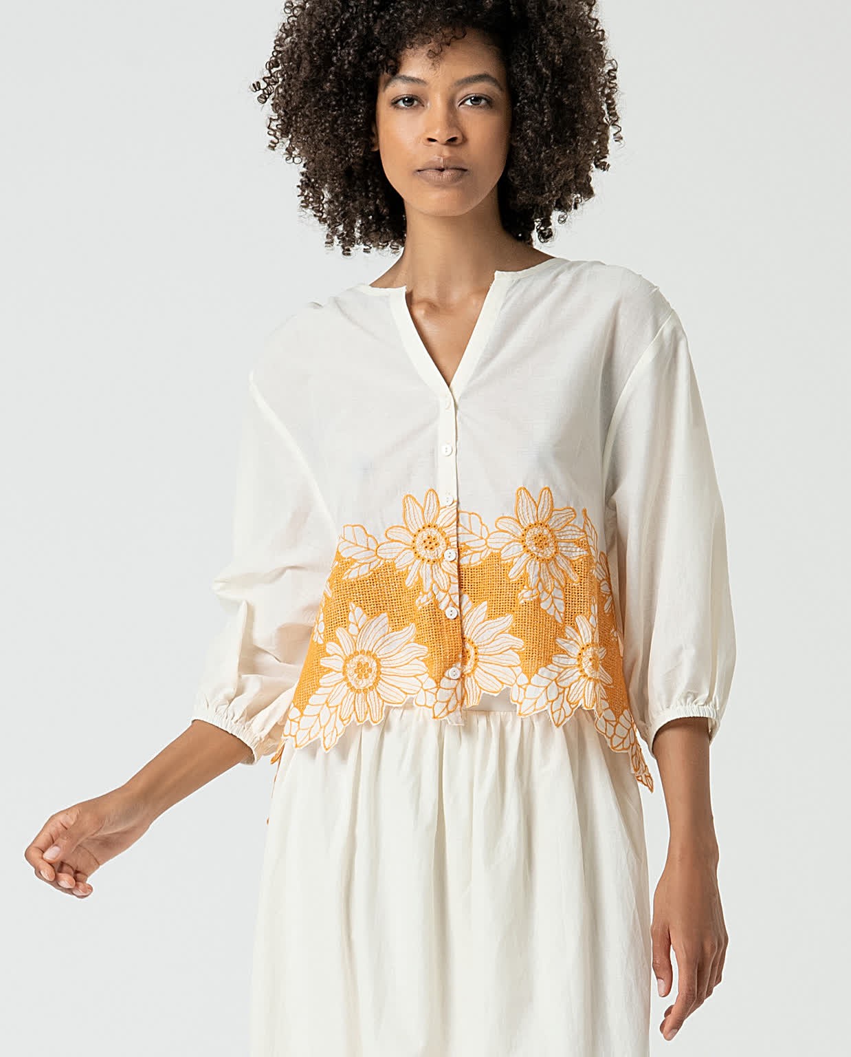 Oversized cotton blouse with embroidery Beige