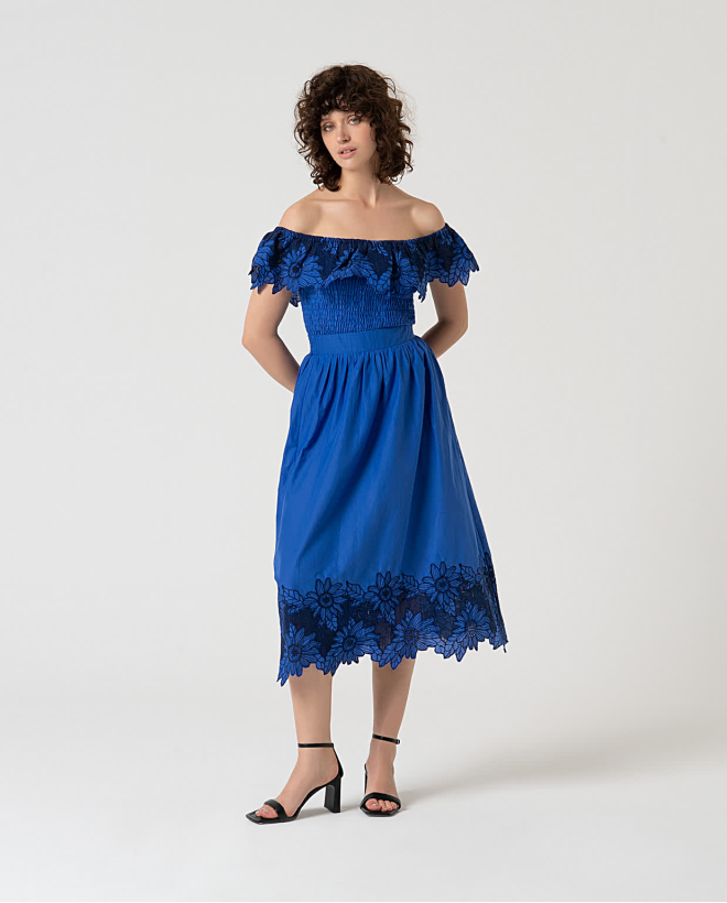 Jupe midi avec broderie suisse Bleu cobalt