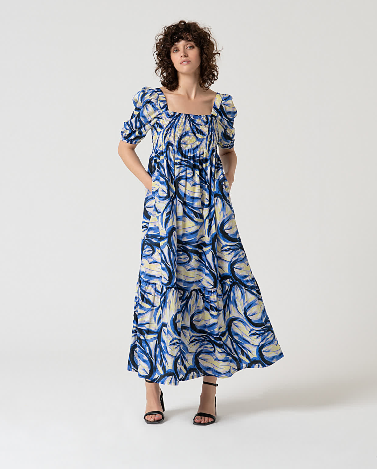 Robe longue à imprimé et manches bouffantes Bleu