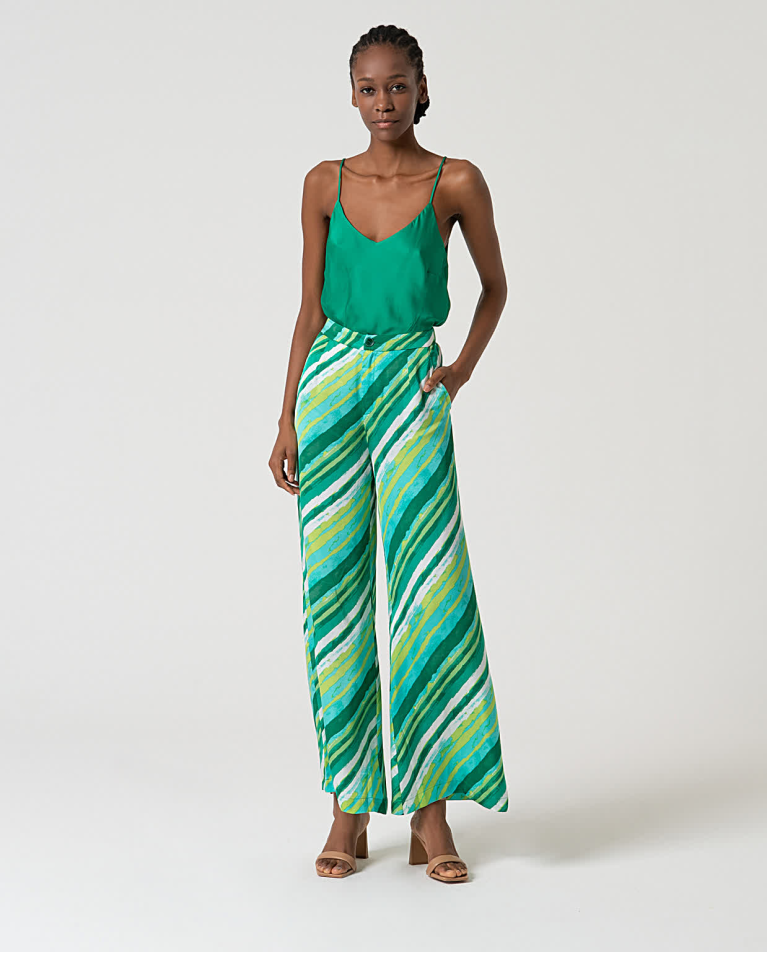 Pantalon wide leg satiné à imprimé Vert