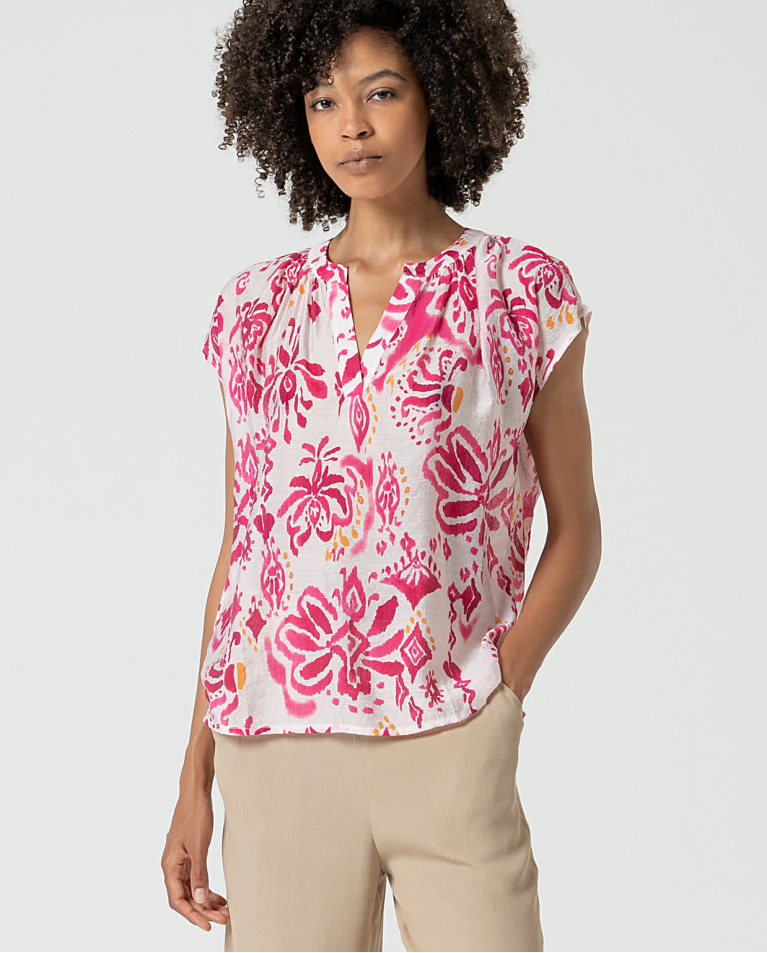 Blouse à col mao ouvert et imprimé Fushia