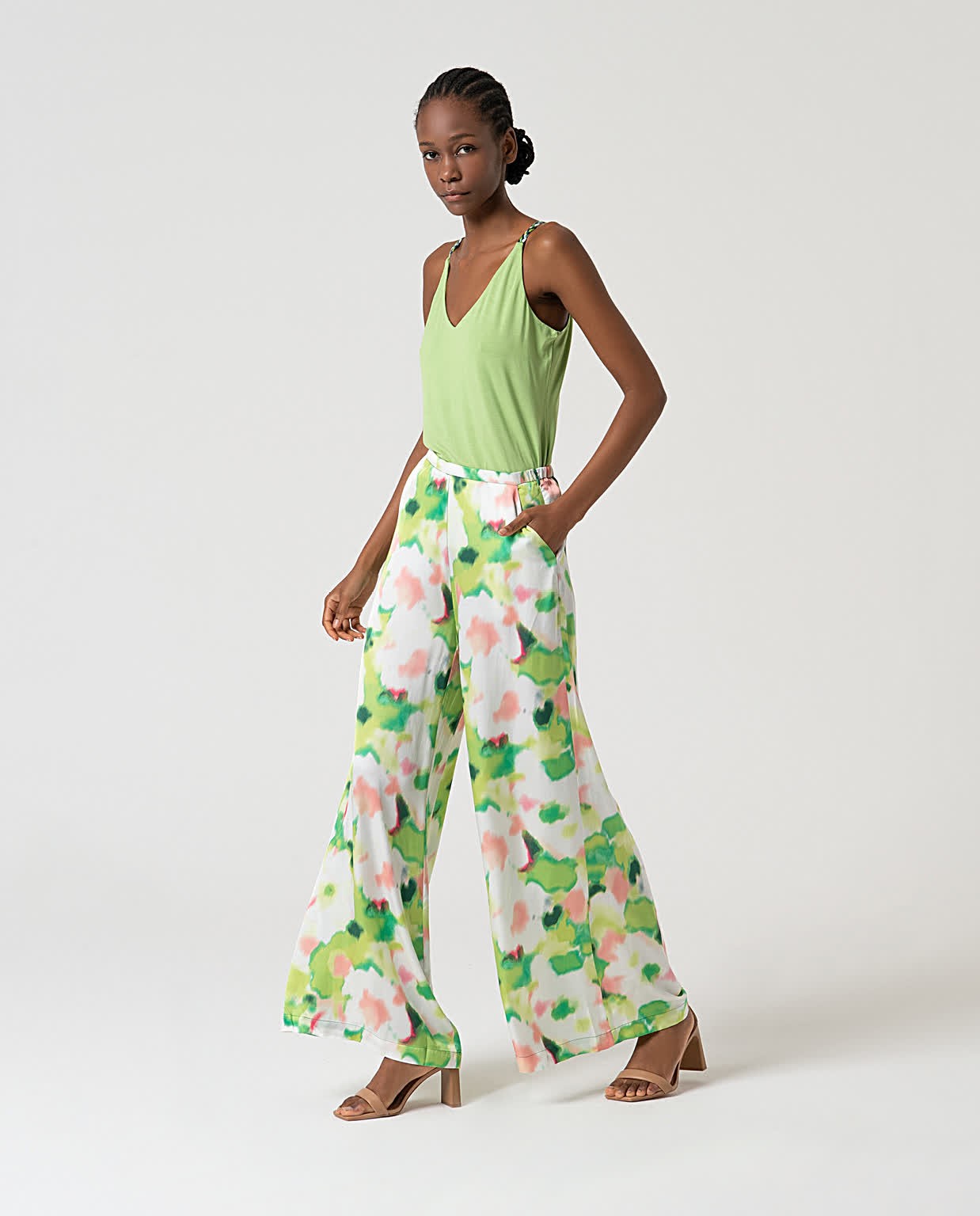 Pantalon palazzo satiné à imprimé Vert