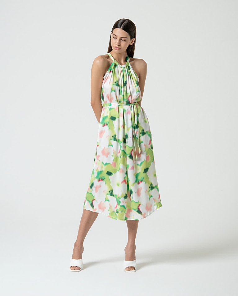 Robe midi satinée à col halter Vert