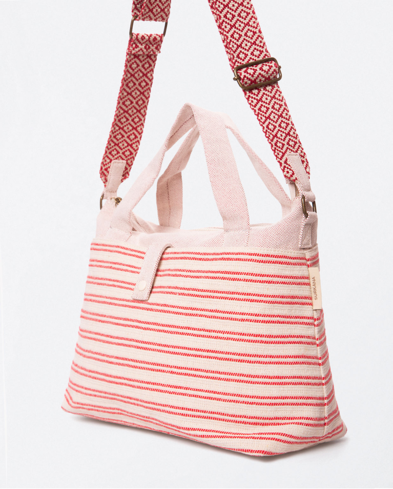 Sac à bandoulière en jacquard avec poignée. Rayure Rouge