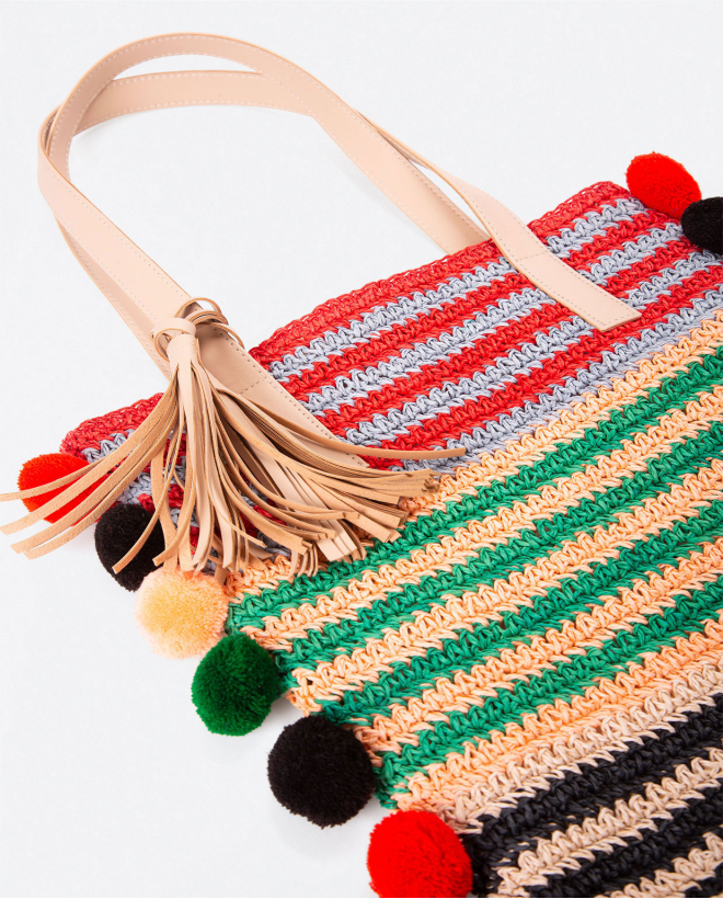 Sac shopper en raphia avec pompons. Rayures s Multi
