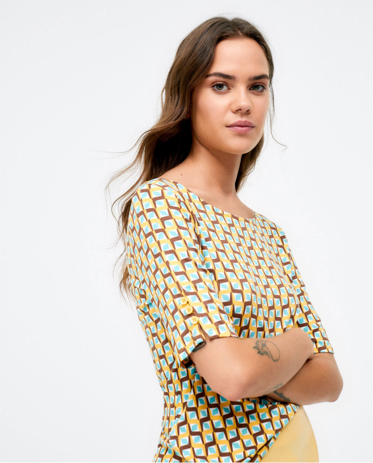Blouse à manches françaises. Elastiques. Imprimé Jaune
