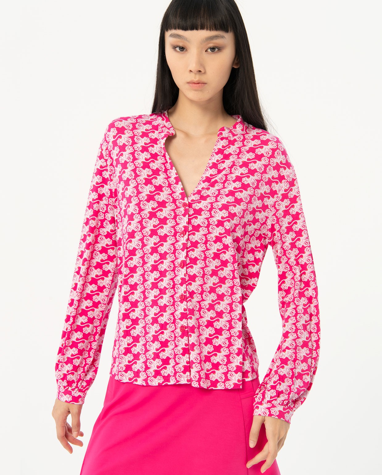 Chemise imprimée à col mao Fushia