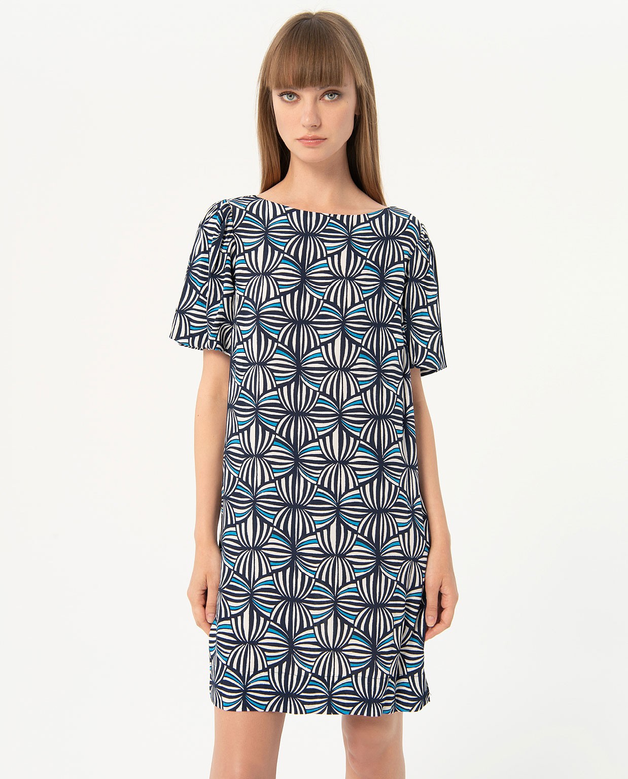 Robe droite courte en crêpe imprimé Bleu marine