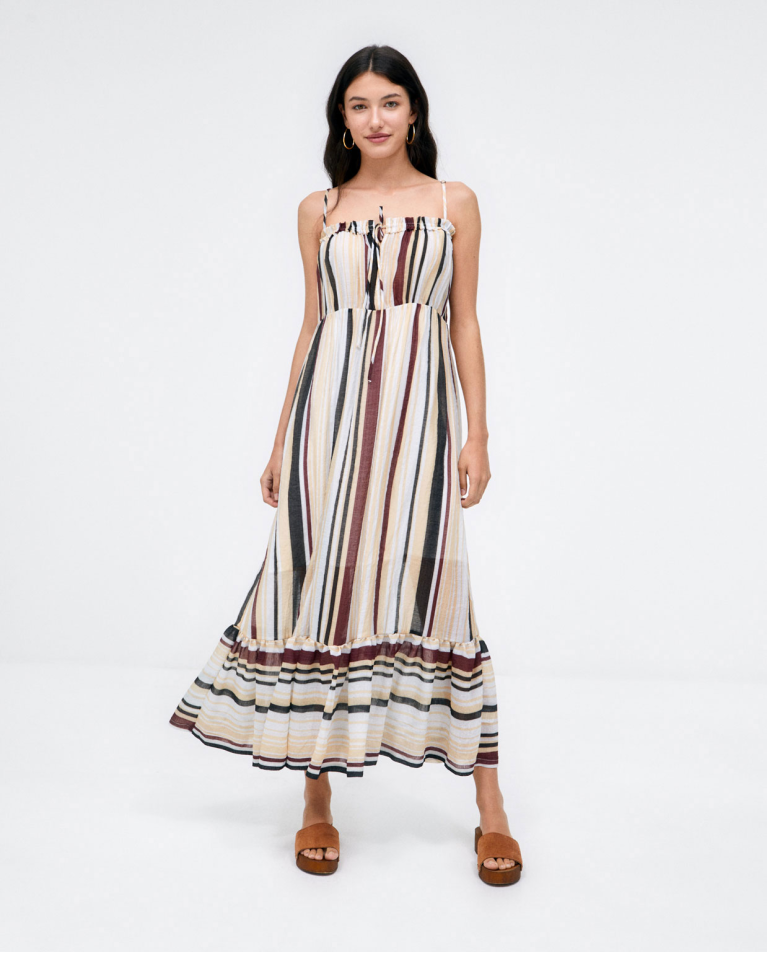 Robe longue avec bretelles et volants. Rayures Beige