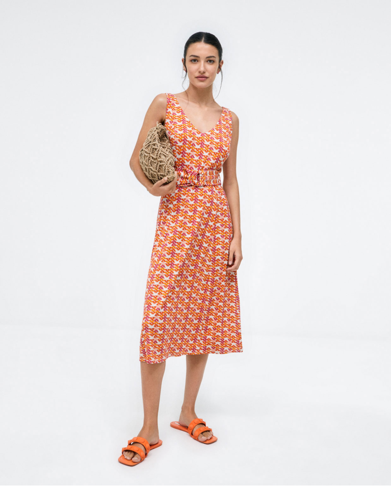 Robe midi à bretelles. Elastique. Imprimé Orange