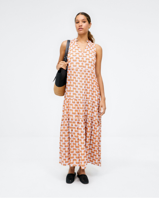 Robe longue à volants. Imprimé Orange