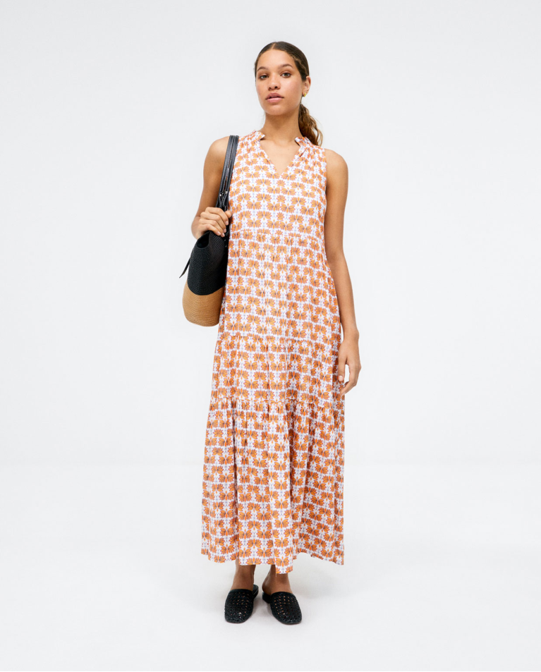 Robe longue à volants. Imprimé Orange