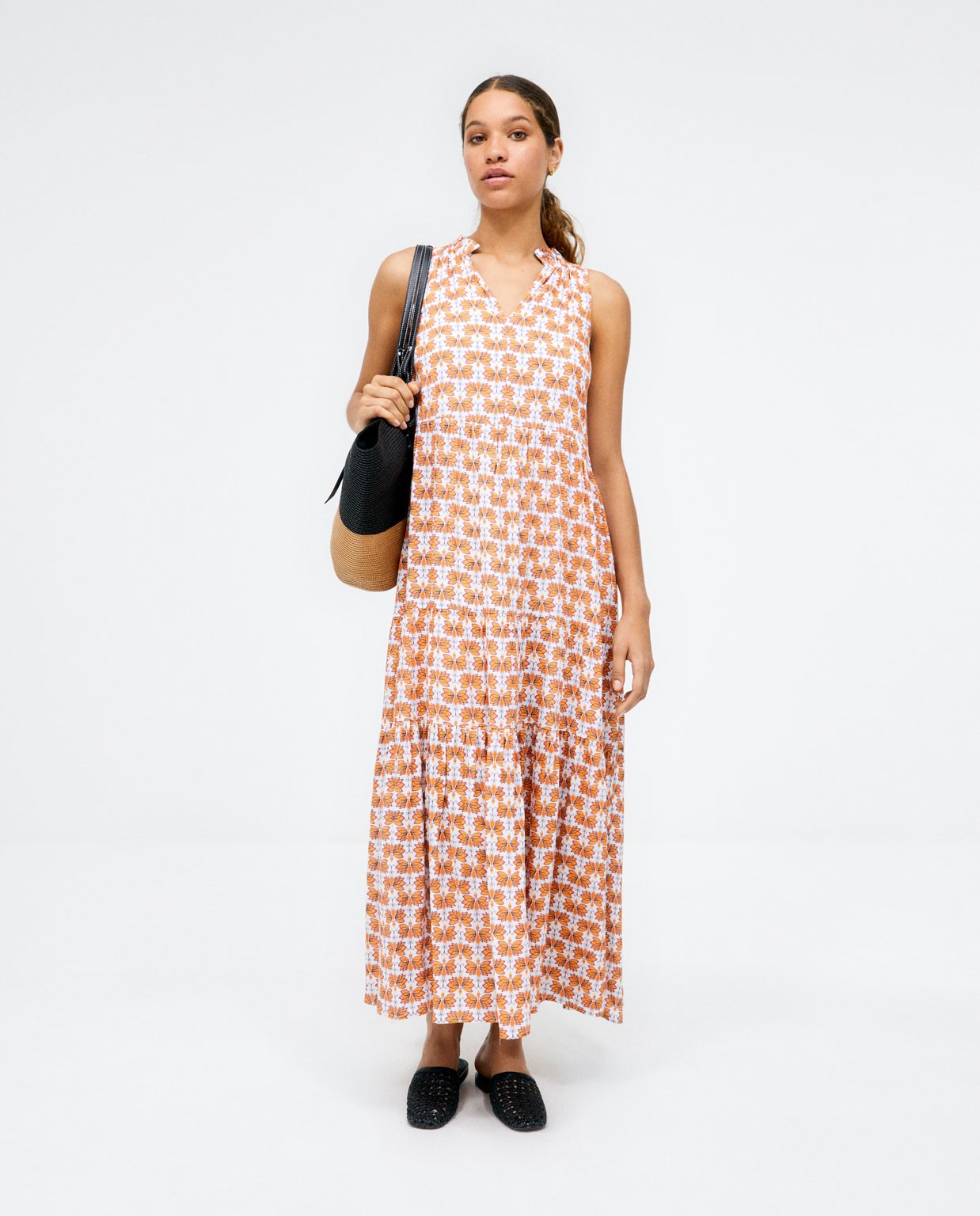 Robe longue à volants. Imprimé  Orange